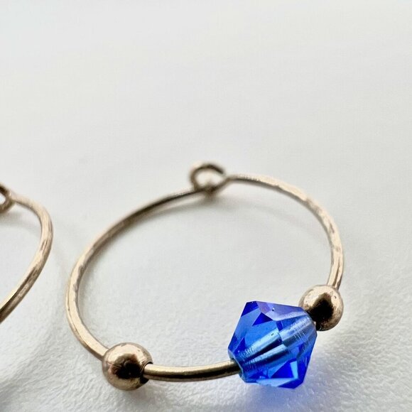 Vintage Silver Tone Hoop Earrings Blue Bead Wire Wrap Boho Gypsy Style Pair - Picture 8 of 9